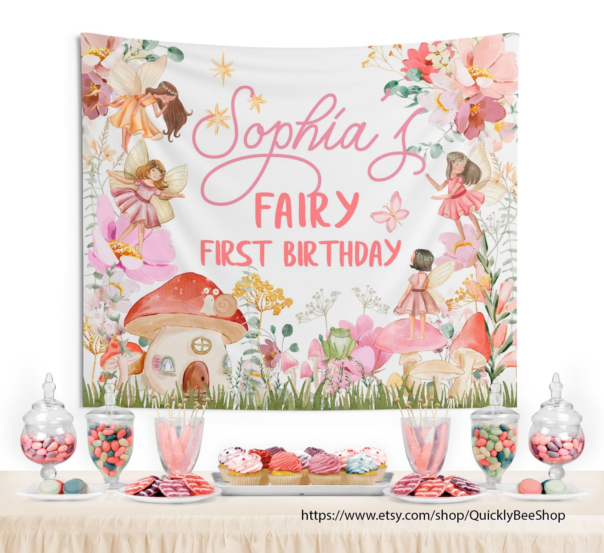 Fairy First Birthday Backdrop Magical Enchanted Personalized sign Girl Pink Fairy Forest Party Decor Holiday table decoration