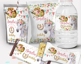 May include: A set of printable party favour labels featuring a white horse with a floral crown and a pink cowboy hat. The labels say "Amelia's 3rd Birthday" and include a horseshoe with the number 3 inside. The labels are designed for use on juice boxes, water bottles, snack bags, and candy bars.