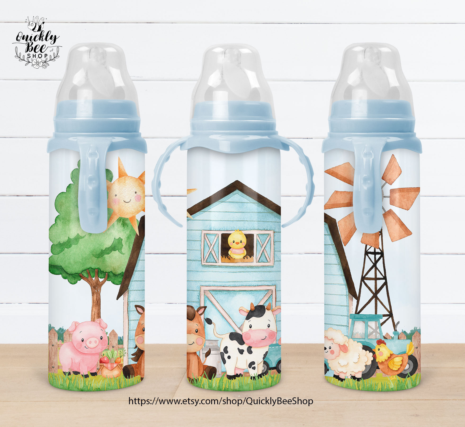 Farm Animals Stainless Steel Baby Bottle, 2 Designs, 8 Oz, Barn