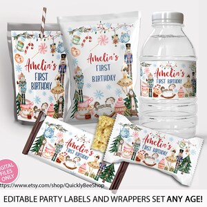 May include: Party labels and wrappers set for a first birthday. The design features a festive Nutcracker theme with illustrations of ballerinas, toy soldiers, and holiday decorations. The text "Amelia's First Birthday" is prominently displayed.