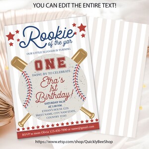 Baseball First Birthday Invitation, Rookie Of The Year Invite, Baseball Birthday Party, EDITABLE TEMPLATE, Digital Instant Download