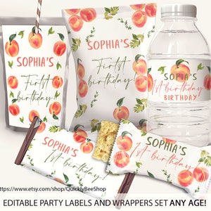 Peach Birthday Party Decor, Chip Bag Wrapper, Treat Wrapper, Capri Sun Labels, Water Bottle Label Peach Party Package Birthday Digital Files