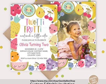 May include: A colorful fruit-themed birthday invitation with a photo of a young girl. The invitation says "Twot Ti Frutti and such a little cutie" and includes the text "Olivia Turning Two".