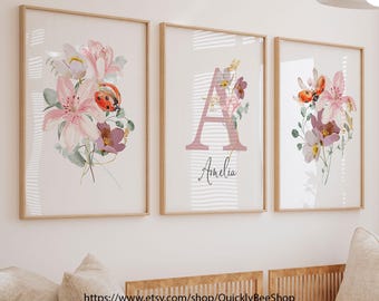 Marienkäfer Wildblumen Lilie Druck, Floral Marienkäfer Kinderzimmer Wandkunst, Mädchenzimmer Dekor, 3er-Set Kunstdrucke ausgeliefert