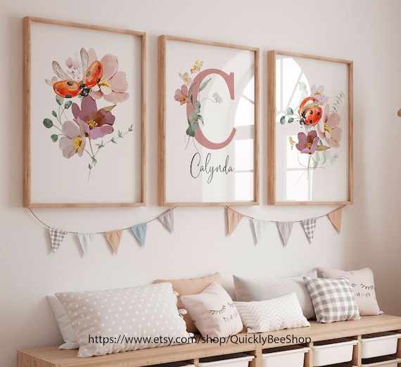 Ladybug Floral Watercolor Prints, ladybirds Flowers WallArt, Ladybug Nursery Poster, Girl's Room Decor