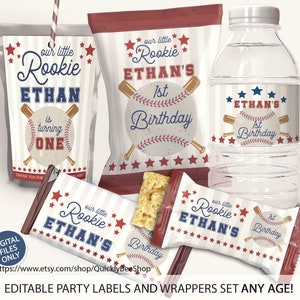 Baseball-Geburtstags-Party-Dekor, Chip-Beutel-Wrapper, Leckerei-Wrapper, Capri-Sonne-Etiketten, Wasserflaschen-Etikett, EDITIERBARE VORLAGE, Sofortiger Download
