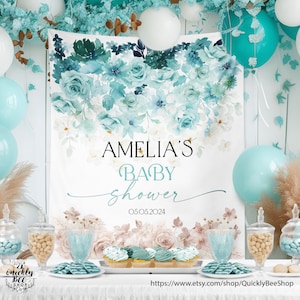 Sfondo per baby shower floreale turchese, sfondo con fiori di campo, decorazioni floreali primaverili, baby in bloom, stampa il mio sfondo o file digitale