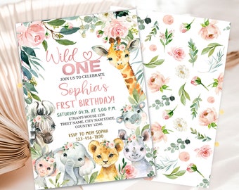 May include: A pink and green watercolour invitation for a first birthday party. The invitation features a giraffe, zebra, elephant, monkey, lion, and rhinoceros. The text on the invitation reads "Wild One" and "Sophia's First Birthday!" with details about the party date, time, and location. RSVP information is also included.