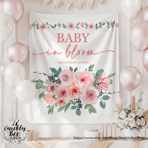 Blush Floral Baby Shower Backdrop, Baby in Bloom Baby Shower, Floral Pink Gold Baby Shower Decor, Greenery Baby shower Party Backdrop