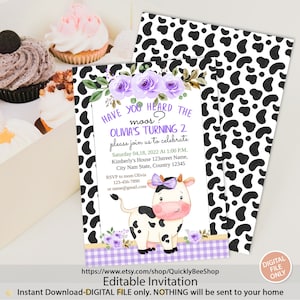 Cow Invitation, Instant Download Cow Invitations, Purple Floral Cow Birthday Invite, Editable Cow invitation, Instant Download Girls Invite