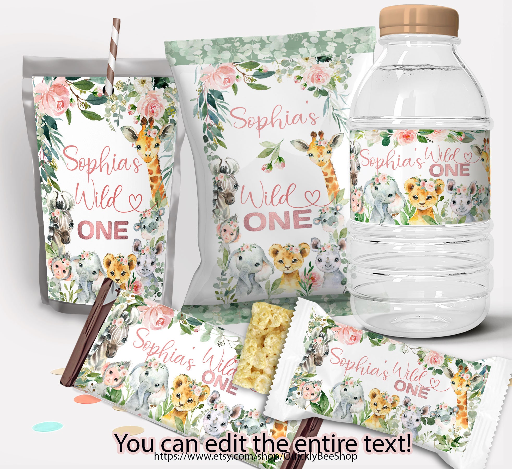 Safari Girl Birthday Party Decor, Chip Bag Wrapper, Treat Wrapper, Capri Sun Labels, Water Bottle Label, EDITABLE TEMPLATE