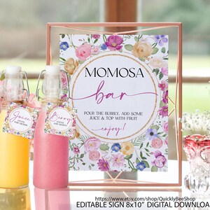 Cartello del bar Momosa e cartellini per succhi, menù stampabile per cocktail per baby shower, fiori di campo rosa shocking, cartello del bar Mimosa per baby shower "Baby in Bloom"