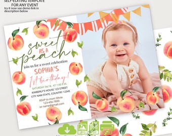 Editable Peach Birthday Invitation, Sweet As A Peach First Birthday Invite, Template Digital Instant Download