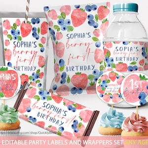 Berry First Birthday Party Decor,Chip Bag Wrapper, Treat Wrapper, Capri Sun Labels, Water Bottle Label, Blueberry Invite, EDITABLE TEMPLATE