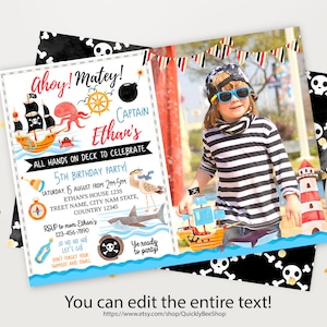 Invitación a foto de niño pirata, invitación de cumpleaños pirata, mapa del tesoro, cumpleaños de niños, invitación a fiesta pirata imprimible, descarga digital EDITABLE