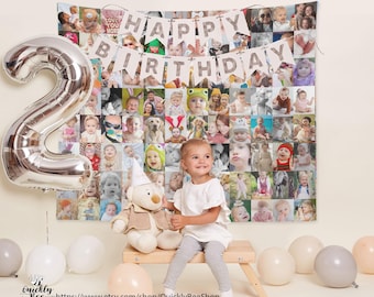 Birthday Photo Backdrop, Family Collage, Fabric Banner 1st Party, Anniversary, Home Kids Wall Decor