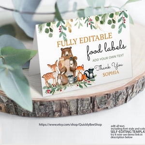 Bewerkbare sjabloon voedseltentkaarten Woodland babyshower, rustieke babyshower, buffetlabel, plaatskaarten, direct downloaden
