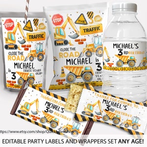 May include: Construction themed party favor labels and wrappers featuring a yellow excavator, a dump truck, and a stop sign. The labels say "Close the Road" and "Michael is 3".