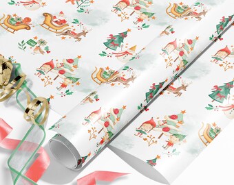 May include: White wrapping paper with a repeating watercolor pattern of Christmas elves, snowmen, Christmas trees, Santa in a sleigh, and reindeer. The paper is partially rolled, with a gold ribbon and a red and green ribbon in the foreground. Text on the image: https://www.etsy.com/shop/QuicklyBeeShop