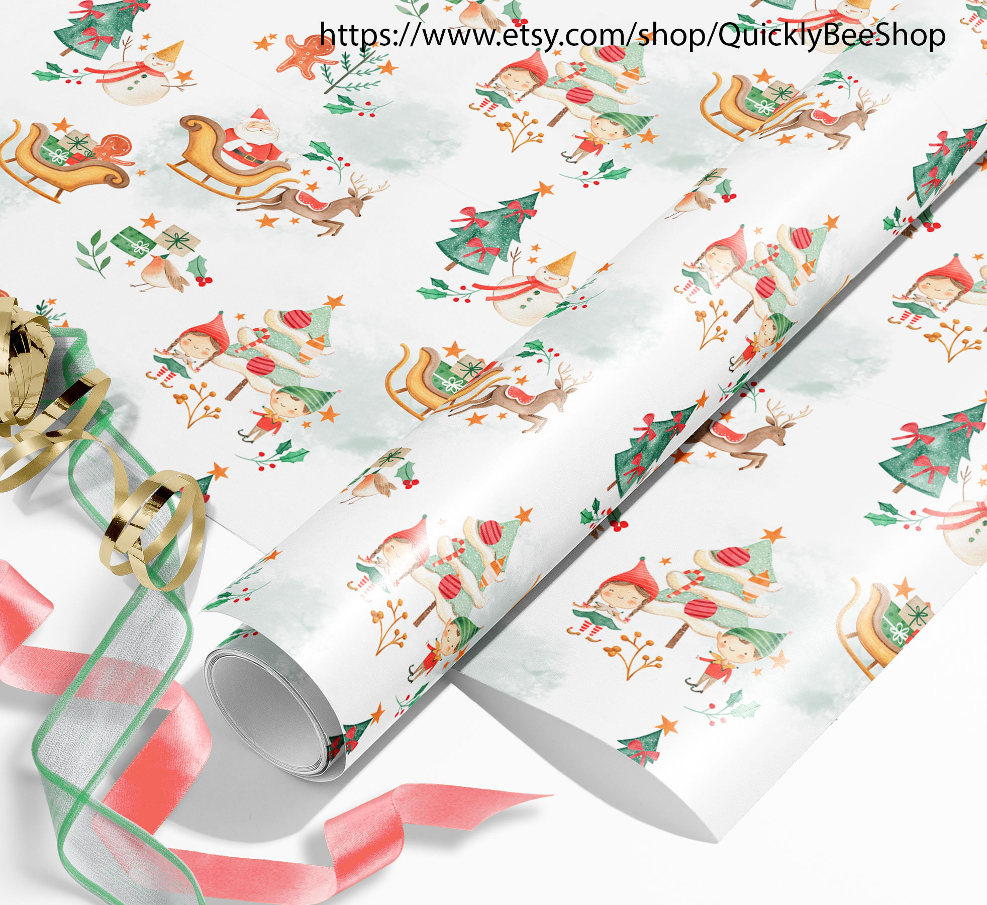 Elfs Wrapping Paper, North Pole Wrapping Paper, Santa and Mrs Claus