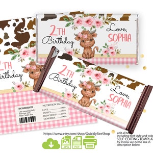 May include: Printable 2nd birthday chocolate bar wrapper featuring a cute cartoon Highland cow with a pink bow, pink flowers, and a gingham background. The wrapper says "2th Birthday" and "Love, Sophia".