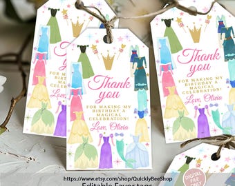EDITABLE Princess Birthday Favor Tags, Once Upon a Time Princess Dresses, Gift Tags Royal Girl Pink Dress Up Party Decor, Thank You Tags