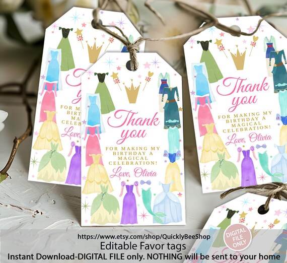EDITABLE Princess Birthday Favor Tags, Once Upon a Time Princess Dresses,  Gift Tags Royal Girl Pink Dress up Party Decor, Thank You Tags - Etsy Israel