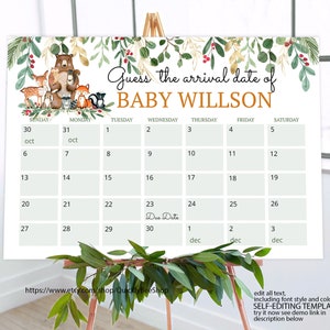 Wald Baby Fälligkeitskalender, Baby Shower Spiel, Babys Geburtstag erraten, bearbeitbare Babyvorhersage VORLAGE, Wald Fälligkeitsspiel