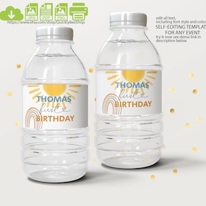 Editable Sunshine Water Bottle Labels, 1st Trip Around the Sun Birthday Decor, Rainbow Neutral Printable Bottle Label Template, Blue Decor