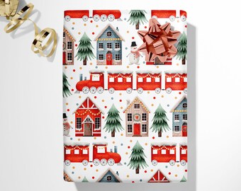 May include: White wrapping paper with a repeating pattern of red trains, houses, green Christmas trees, and snowmen. The houses are blue, red, and brown. The paper is decorated with colorful dots and a large copper bow.