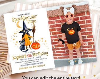 May include: A Halloween-themed invitation and a child wearing a black t-shirt with a pumpkin design. The invitation features a witch, black cat, and pumpkin illustration. Text on the invitation reads "Join us for a Spooktacular Time" and "Sophia's 5th Birthday".