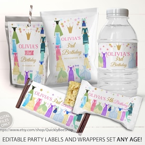 Princess Birthday Party Label Set, Wrapper bag of chips, Juice label, Water bottle labels, Chocolate Wrapper, Rice Treat Wrapper