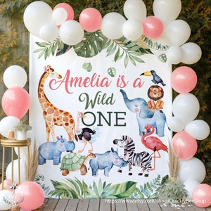Fondo de cumpleaños tropical, fondo de cumpleaños de Wild One, decoración de fiesta de animales de safari, fondo de cumpleaños de zoológico, flamenco, fondo de cualquier tamaño