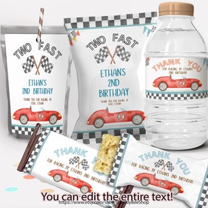 Decoração de festa de aniversário vermelha de carro de corrida, embalagem de saco de chips, embalagem de guloseimas, etiquetas Capri Sun, etiqueta de garrafa de água, MODELO EDITÁVEL