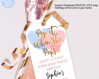 Pop It When She Pops Tag Template Heart, Baby Shower Champagne Tag, Gender Reveal Mini Champagne Wine Bottle Editable Favor Tag for Printing