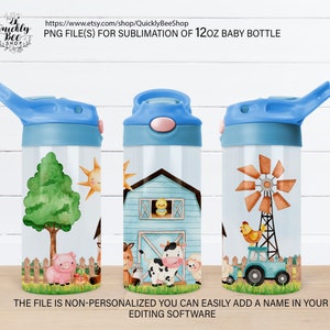 Farm Animals 12oz Baby Bottle Sublimation, Barnyard Baby Sublimation Design, Blue Farm PNG File, Instant Download, Tumbler Template