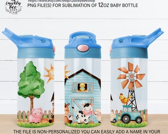 May include: Three sublimation designs for a 12oz baby bottle. The designs feature a farm theme with a barn, windmill, and a cow, pig, and chicken. The designs are in watercolor style with a blue background.