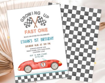 May include: A birthday invitation with a race car theme. The invitation features a red race car, checkered flags, and the text "Growing Up Fast One." The back of the invitation has a black and white checkered pattern. The text "YOU CAN EDIT THE ENTIRE TEXT!" is at the top.