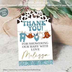 Editable Cowboy Baby Shower Favor Tags, Wild West Party Favor Tag, Template for printing Instant Download