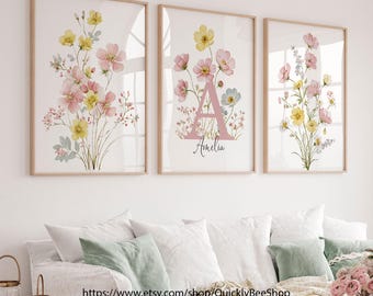 Wildblumen Name Print: Rosa Blumen Kinderzimmer Kunst, Mädchenzimmer Dekor, 3er-Set Kunstdrucke