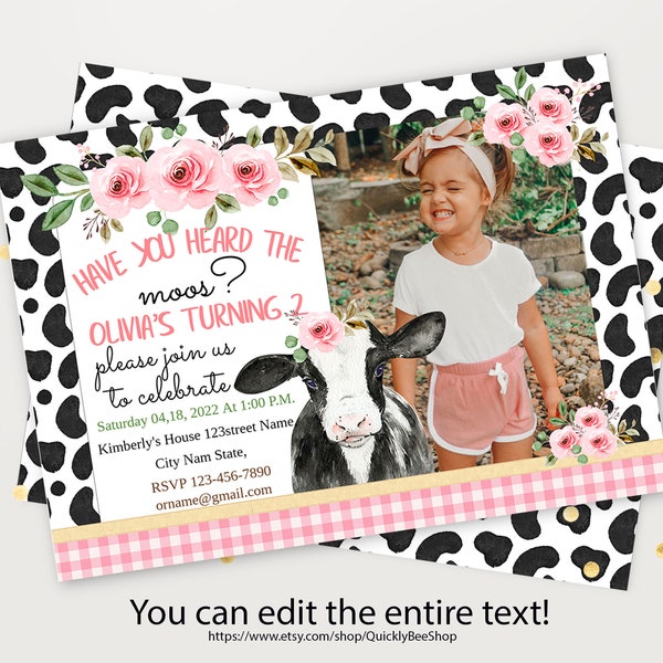 Cow Birthday Invitation with Photo, Editable Template Online, Instant Download 2