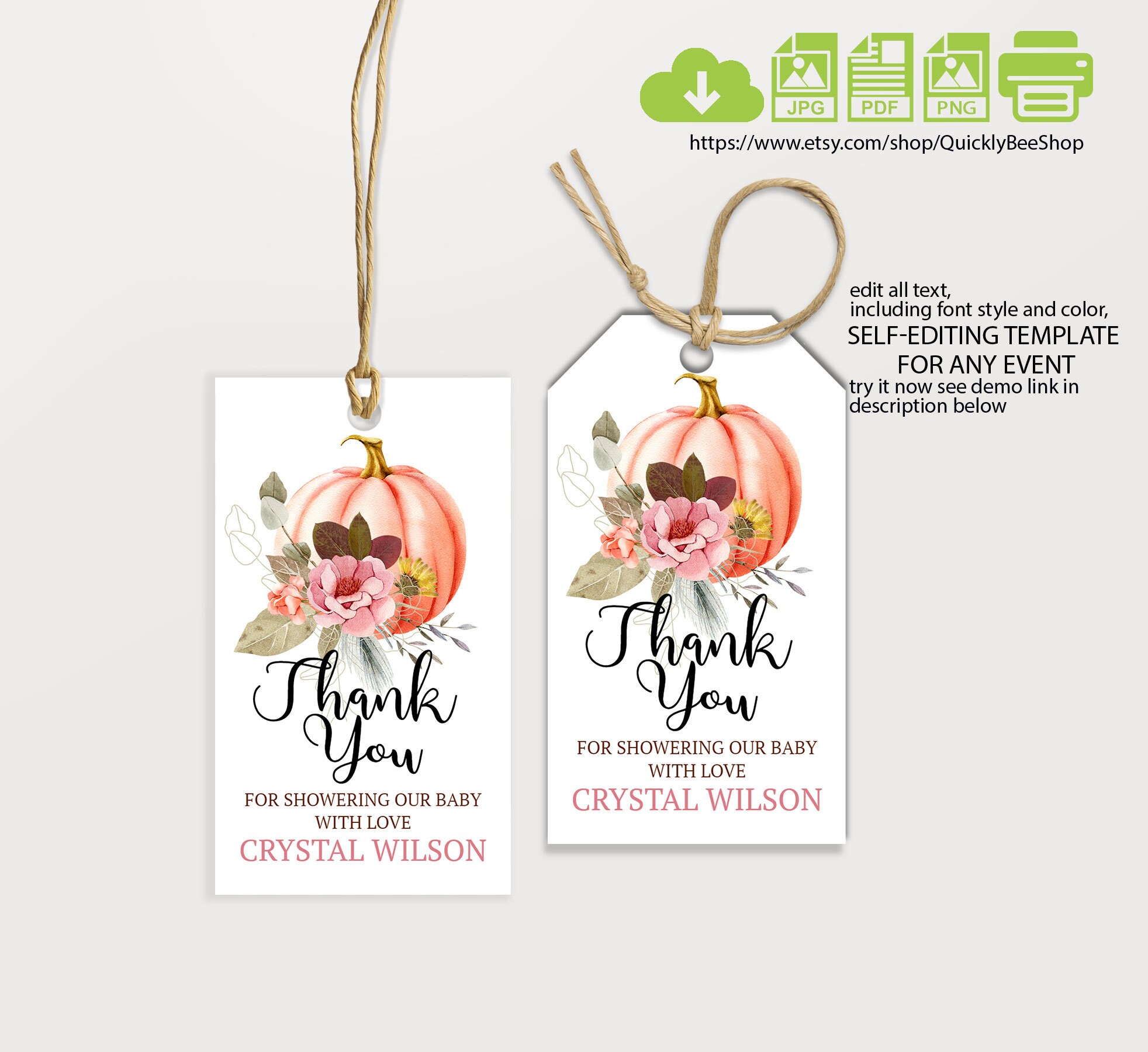 Editable Pumpkin Baby Shower Favor Tags Little Pumpkin Thank Etsy