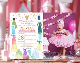 Invitación con foto de cumpleaños de princesa, fiesta de disfraces de niña real rosa, celebración mágica, invitación con vestidos de princesa de Érase una vez, editable