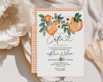 May include: A white baby shower invitation with orange and green floral illustrations. The text reads "A Little Cutie is on the Way" with the name "Alice Wilson" and details for the event.