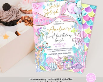May include: A printable invitation for a first birthday party with a mermaid theme. The invitation features a mermaid tail, a seahorse, an octopus, and seashells. The text on the invitation reads "Splish Splish, Join us to celebrate Amelia's first birthday bash, Saturday 04.18. at 1:00 p.m., Sophia's House 123 Street Name, City Nam State, Country 12345, RSVP to Mom Amelia 123-456-7890".