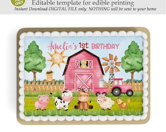 Modello modificabile della decorazione per torta della festa di compleanno della fattoria, decorazione per torta della mucca sacra, fai da te stampa su foglio commestibile, download istantaneo, arredamento rosa