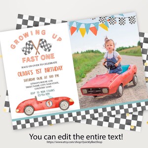 Editable 1st Birthday Photo Invitation Race Car 2nd Birthday Invite Racing Car Vintage Red Race Card Printable Template Instant Download