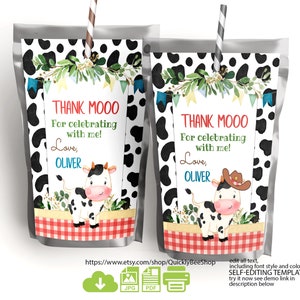 Editable Holy Cow Capri Sun Label, Farm Birthday Party Juice Pouch (Digital Download)