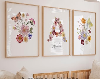 Blumen Kinderzimmer Wandbild, Wildblumen Aquarell Drucke, Baby Name Poster, Schmetterlinge mit Blumen Druck