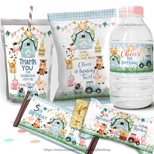 Farm First Birthday Party Decor, Chip Bag Wrapper, Treat Wrapper, Capri Sun Labels, Water Bottle Label, EDITABLE TEMPLATE